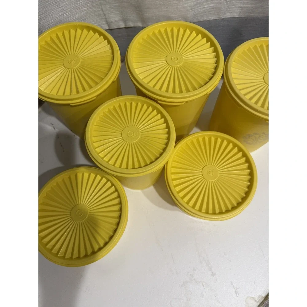 Vintage 1970s Yellow Tupperware Servalier Canisters Set of 6 with Lids Nesting
